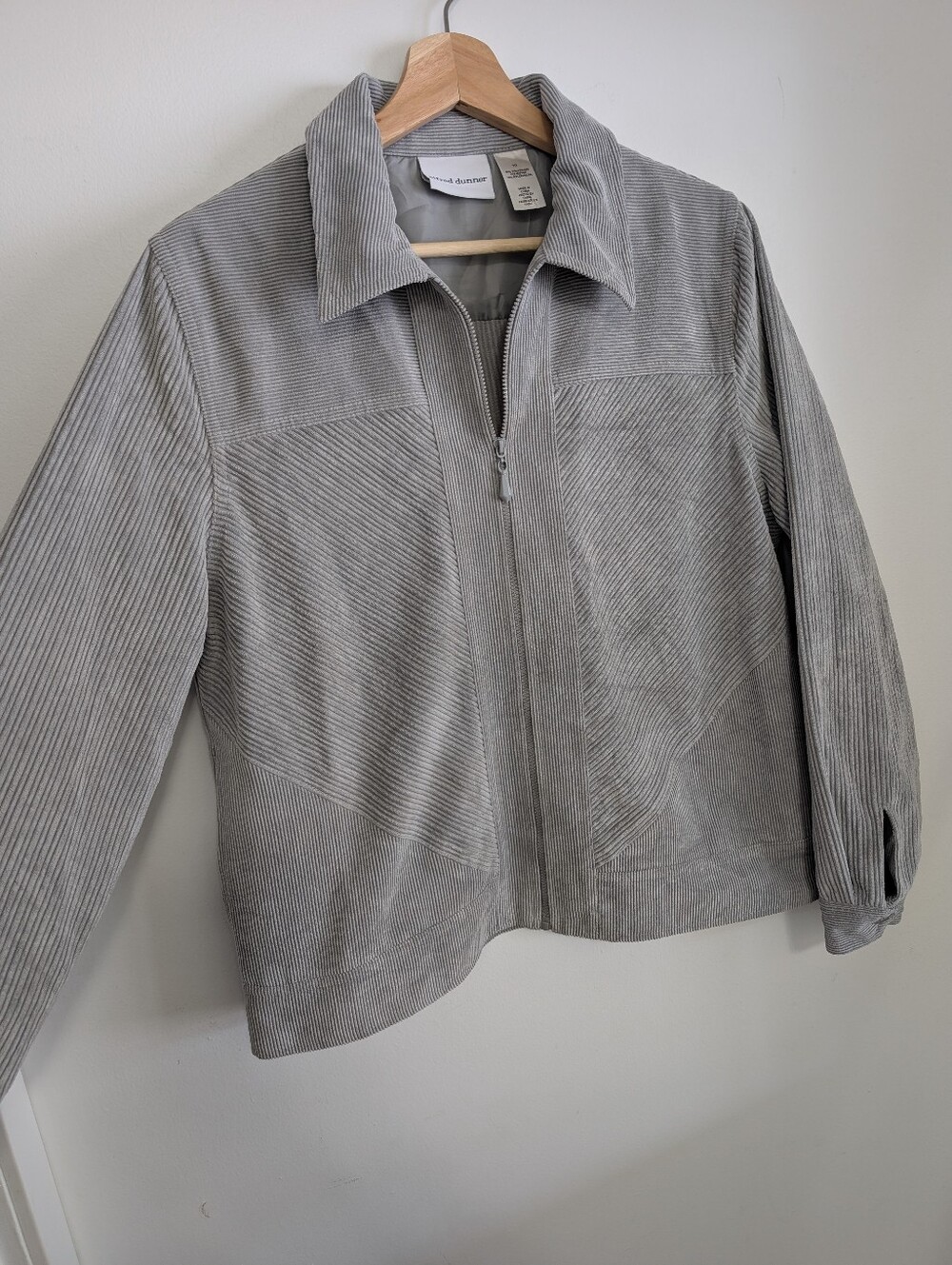 Alfred Dunner Medium Jacket Light Grey Corduroy Zip Up Fall Coat Boxy Streetwear
